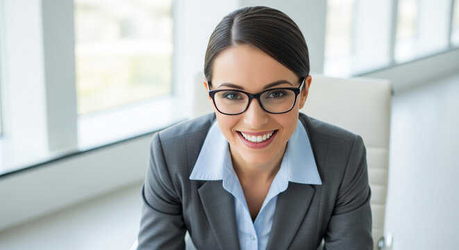 Professional headshot of a smiling businesswoman with glasses in a modern office, perfect for corporate leadership concepts