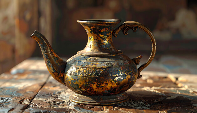 Vintage ceramic teapot on wooden surface decorative antique object