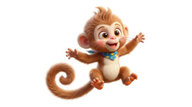 Cute cartoon monkey character jumping and waving hand isolated on white background with character wildlife illustration cheerful isolated background adorable animated