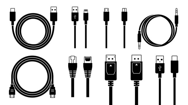 Various electronic cables and connectors, USB, HDMI, audio, ethernet, data transfer