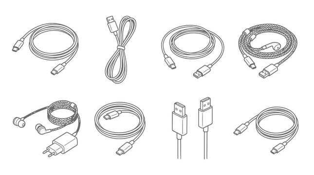 Set of assorted electronic cables and chargers in isometric line art style