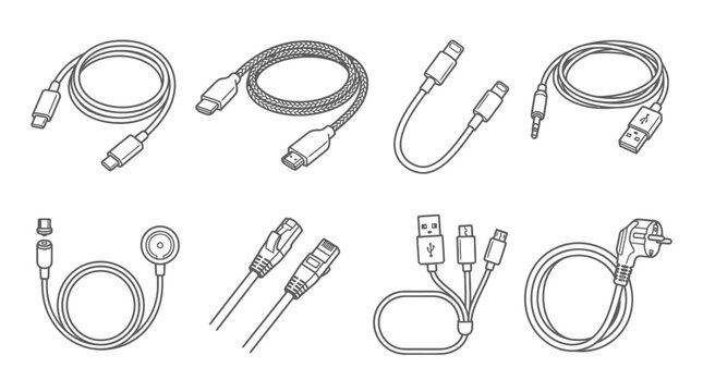 Collection of Electronic Cables and Connectors Line Art Icons