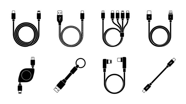 Set of Various USB Charging Cables and Adapters, Isolated on White Background