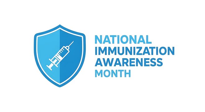 Shield symbol with syringe icon for immunization awareness campaign on blue gradient background