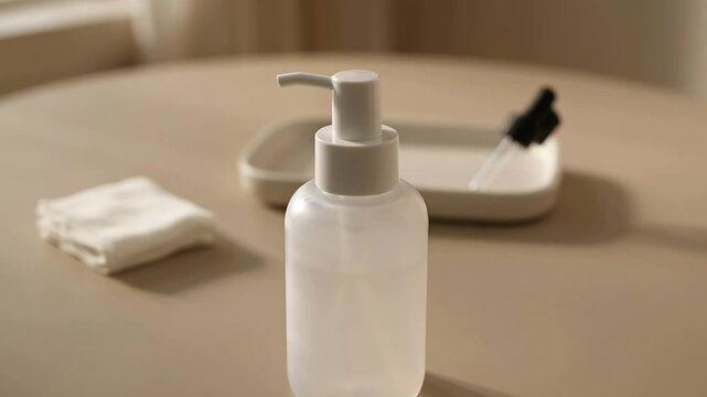 Minimalist Skincare Routine Essentials with Pump Bottle and Dropper on Table.