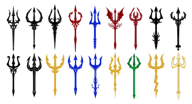 Collection of Fantasy Tridents, Mythical Weapons, Vector Icons