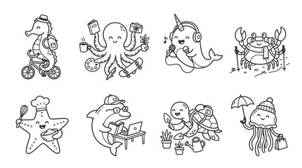 Cute Cartoon Sea Creatures Collection: Seahorse, Octopus, Narwhal, Crab, Starfish, Dolphin, Turtles, Jellyfish © Wagiman Studio