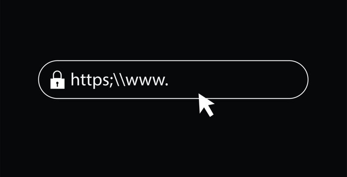 Secure web browser address bar with padlock icon, https protocol and mouse cursor on black background, internet safety and cybersecurity vector