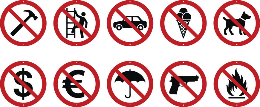 Prohibition sign icon set with no symbols for tools vehicles animals money weapons fire and safety restrictions