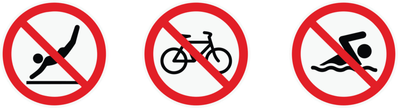 Prohibition signs set showing no diving no cycling and no swimming symbols for safety warning and restricted areas