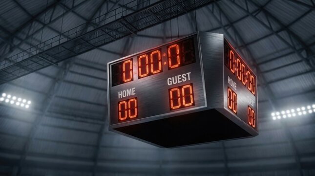 Large brushed metal electronic scoreboard hanging in a professional indoor sports arena, displaying red LED zero scores for home and guest teams and a zeroed game clock timer.