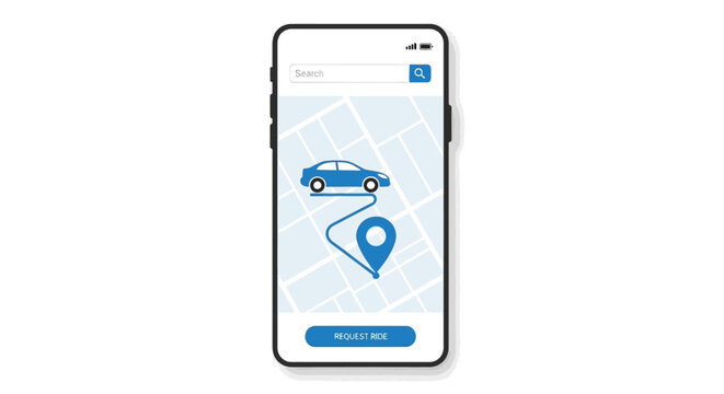Smartphone displaying ride sharing application with map and request ride button