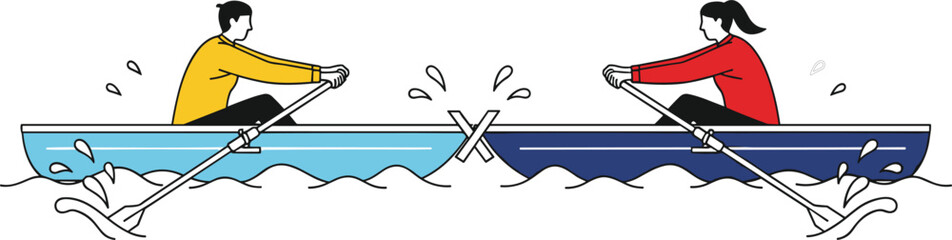Business Competition and Rivalry Vector Illustration with Man and Woman Rowing Boats Against Each Other for Leadership Corporate Conflict and Teamwork Concepts © MdMizanur