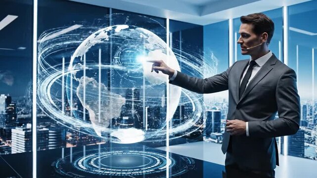 Presenter Discussing Global Technology in Futuristic Office