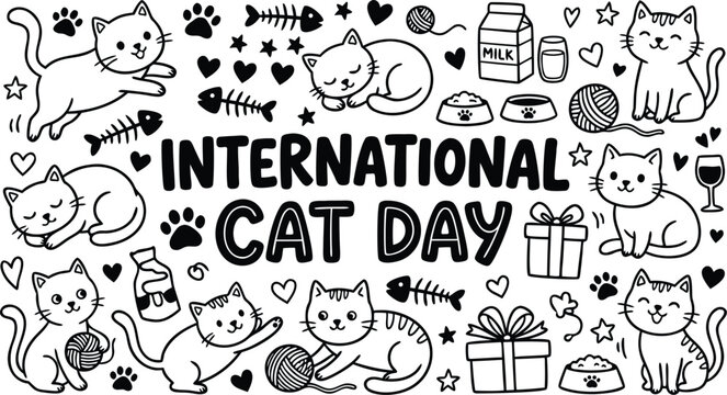 International cat day doodle with black and white line featuring various kittens playing with yarn balls fish bones milk cartons gift boxes and paw prints on a white background