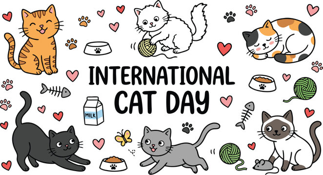 International cat day doodle with various cute cartoon cats playing with yarn balls fish bones milk cartons and paw prints on a white background