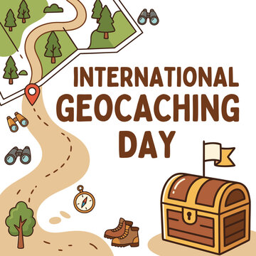 International geocaching day featuring a winding trail map with pine trees binoculars a compass hiking boots and a wooden treasure chest with a flag on a white background