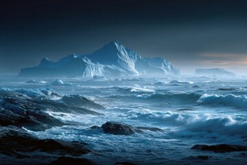 Fototapeta premium Whispering icebergs: floating beauties from the greenland fjord. Mechanical intelligence. Gentle blues: serene icebergs drift from ilulissat fjord. Machine intelligence. Digital mind.