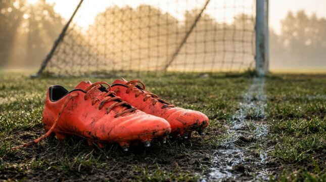 Pair of muddy orange soccer cleats sitting on a wet grass field near a white touchline at dawn, featuring a soccer goal and foggy morning light in a cinematic outdoor setting.