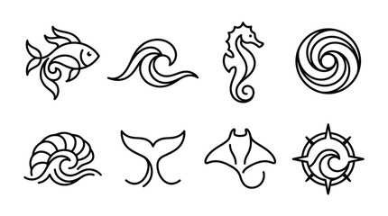 Ocean Icons Set: Fish, Wave, Seahorse, Swirl, Shell, Tail, Ray, Compass © Wagiman Studio