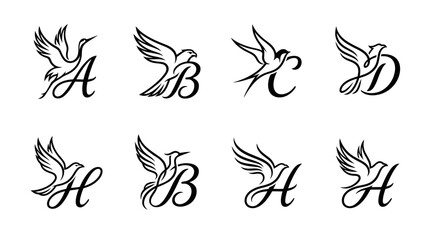 Elegant Bird Monogram Logos: Calligraphy Letters A, B, C, D, H © Wagiman Studio
