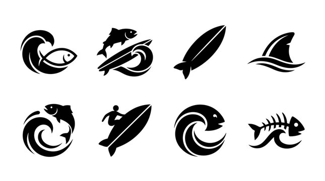 Oceanic Icons Set: Surfing, Fish, Shark Fin, Waves, and Fishbone