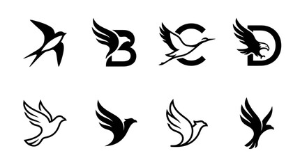 Fototapeta premium Collection of stylized bird logos, black and white, modern design, vector icons for branding
