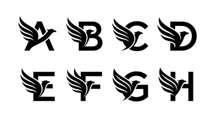 Alphabet Letters A-H with Eagle Logo, Monogram, Design Elements, Black and White © Wagiman Studio