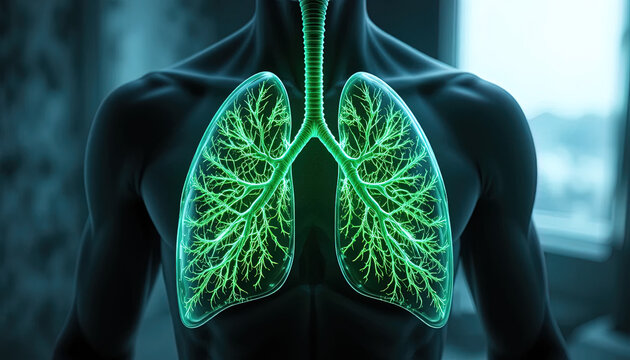 Human lungs are visualized with a glowing green bronchial network inside a dark silhouette.