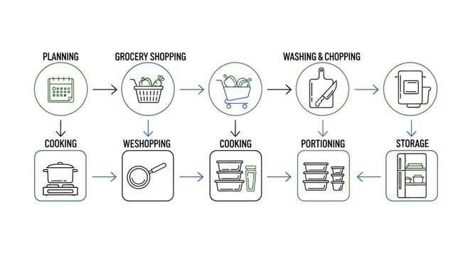 Infographic illustrating the steps of meal preparation, from planning to storage.