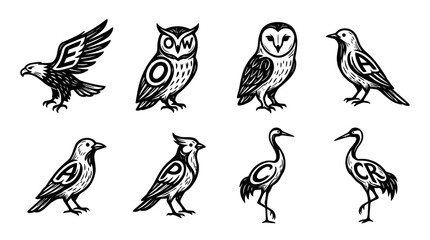 Fototapeta premium Set of 8 Hand-Drawn Bird Icons: Eagle, Owl, Crane, Finch, Sparrow, Cardinal - Vector Art