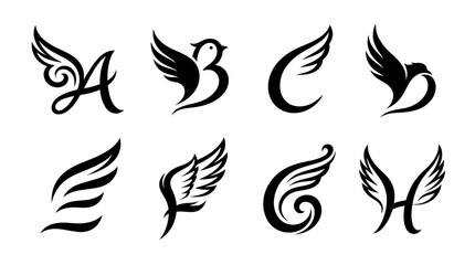 Elegant Winged Alphabet Letters and Symbols Set - Black & White Icons © Wagiman Studio