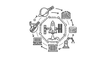 Fototapeta premium Space exploration and industry concept illustration with rocket, satellite, and robot.