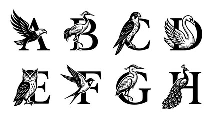 Elegant Alphabet Letters with Wildlife Birds Engraving Style Vector Graphics © Wagiman Studio