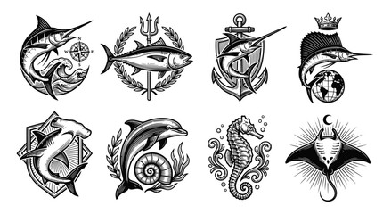 Nautical Marine Life Vintage Emblems: Marlin, Tuna, Dolphin, Shark, Seahorse, Ray © Wagiman Studio