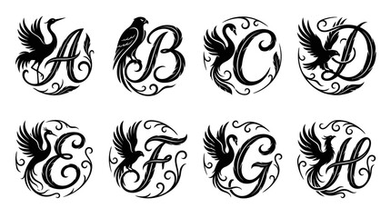 Elegant Monogram Letters A-H with Mythical Birds, Decorative Alphabet, Vintage Style © Wagiman Studio