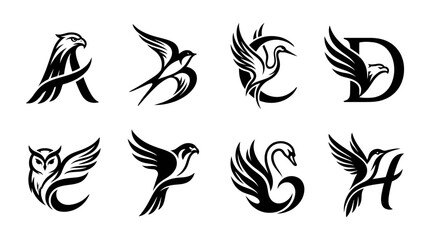 Elegant Bird Letter Logos: A, B, C, D, Owl, H, Swan, Hawk - Alphabet Icons © Wagiman Studio