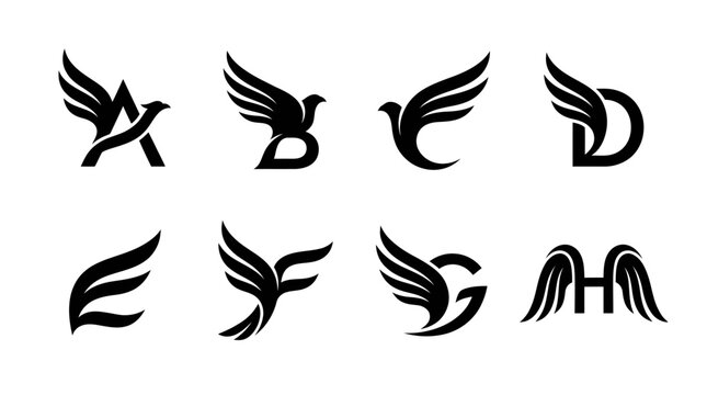 Winged Letter Logos: A-H Monograms, Alphabet Icons, Bird Flight Symbols