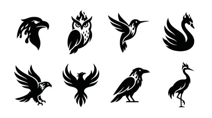 Obraz premium Set of Black Bird Silhouettes: Eagle, Owl, Hummingbird, Swan, Phoenix, Raven, Crane