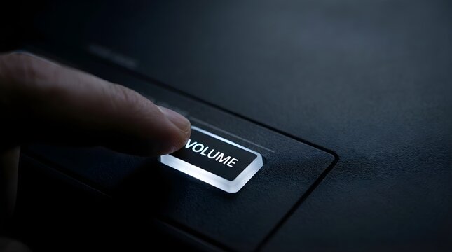 Finger pressing illuminated volume button on dark electronic device surface for audio control adjustment