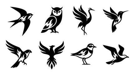 Fototapeta premium Collection of Diverse Bird Silhouettes: Owl, Phoenix, Hummingbird, Swallow, Crane, Eagle