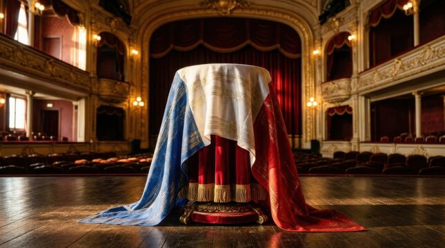 French Tricolor Flag with Metallic Gold Threads Draped over a Pedestal on an Ornate Opera House Stage with Sunlight Glinting off the Fabric and Empty Theater Seating