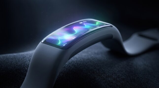 Futuristic smart wearable technology wristband with a curved glass OLED display showing colorful glowing data waves and health metrics on a dark textured background.