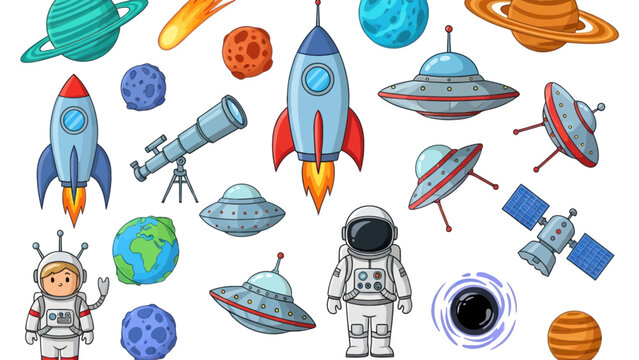 Embark on a colorful cosmic journey through the stars with this playful collection of space icons.