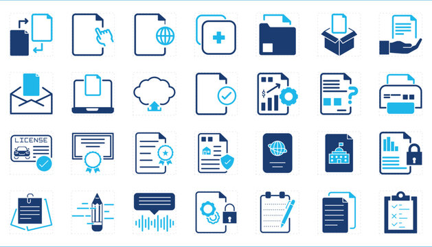 A set of icons related to Document, notes and tasks. Document, files, notes, handwritten, setup, private, paper, print, and so on.