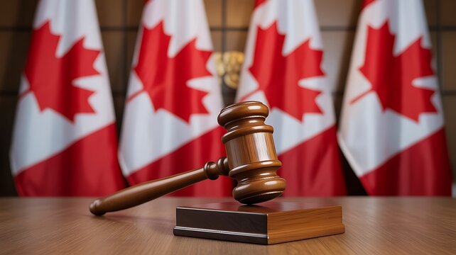 Judicial gavel on legal desk with canadian flags representing law justice and government