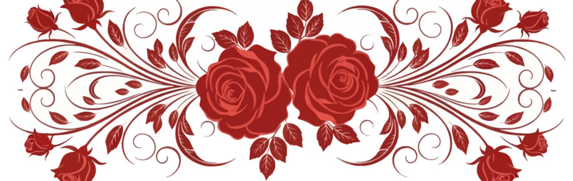 An elegant and symmetrical floral banner featuring vibrant red roses and intricate scrolling vines for a touch of timeless romance.
