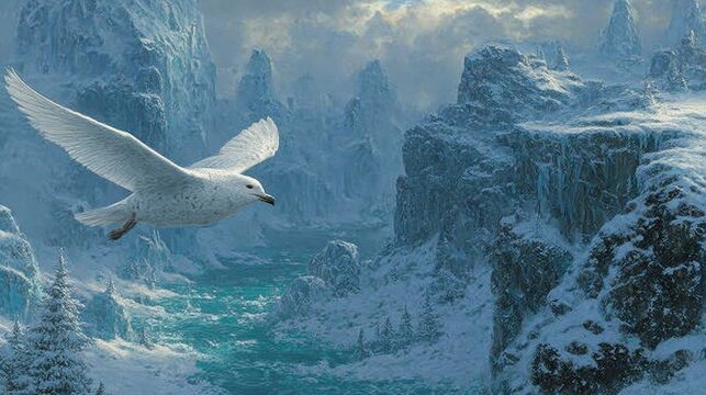 Melodic flight: ivory gull sails through the greenlandic coastal glaciers. Epic poster. Emerald-blue waters and icy peaks: ivory gull's voyage over blosseville coast. Poster design.