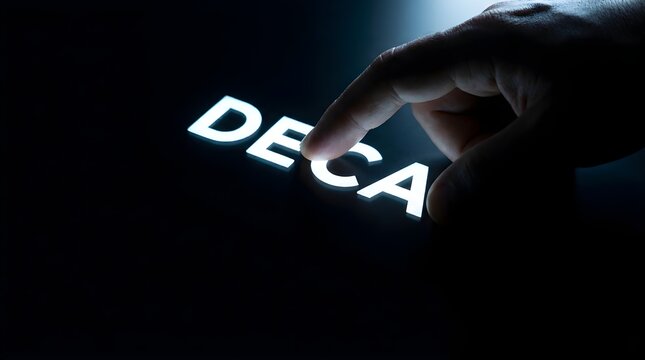 Human finger touching glowing deca acronym on dark background representing digital future and technology concept