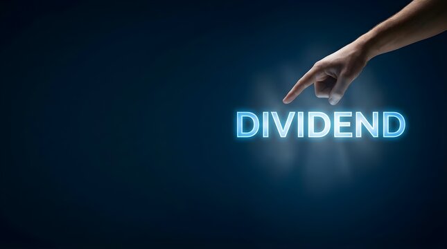 Glowing human hand pointing at illuminated dividend text concept on dark blue background for financial growth